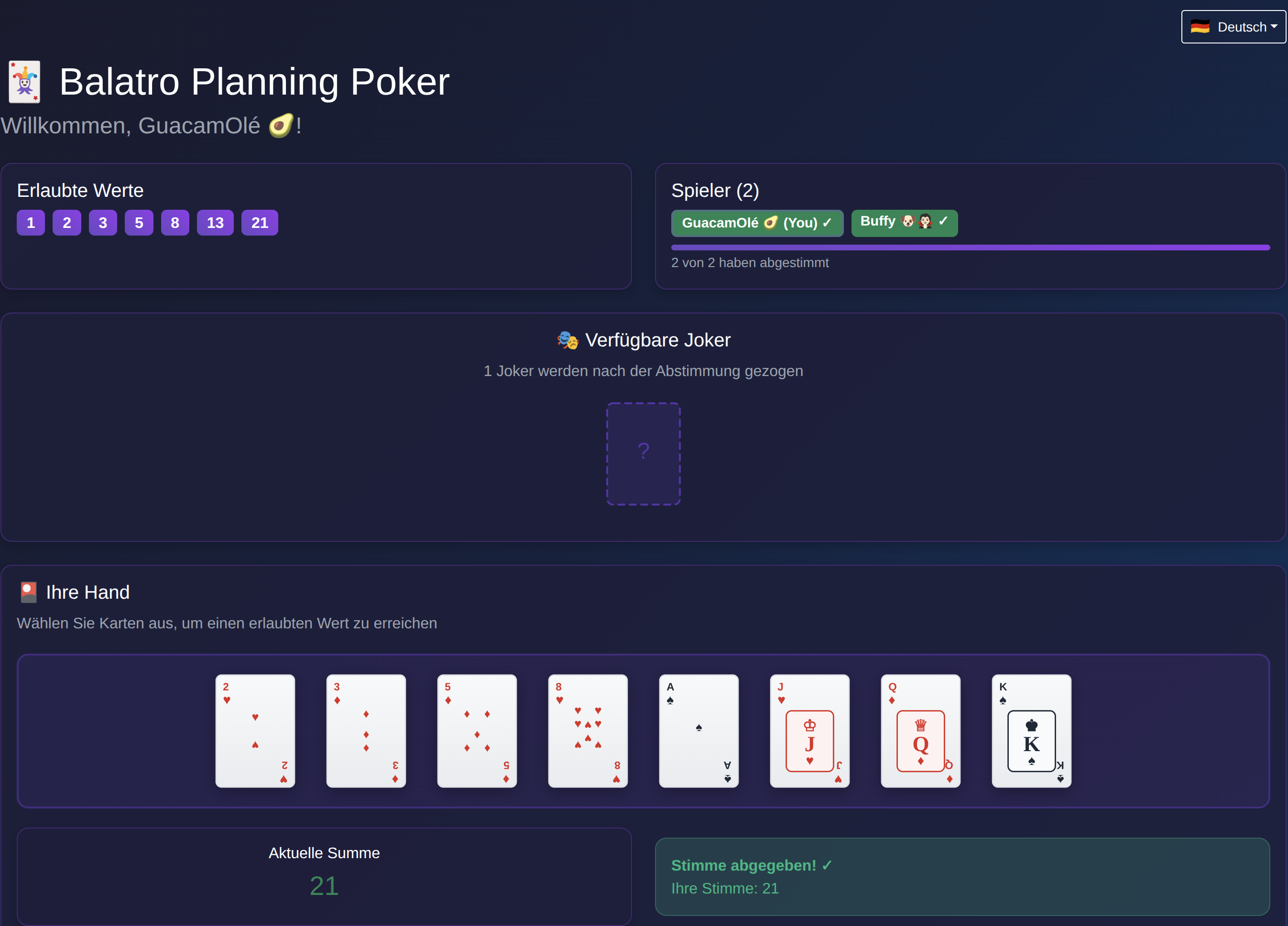 Player view: There is a welcome text, a few playing cards are displayed. The names from other players can be seen and the selected points (21) appear